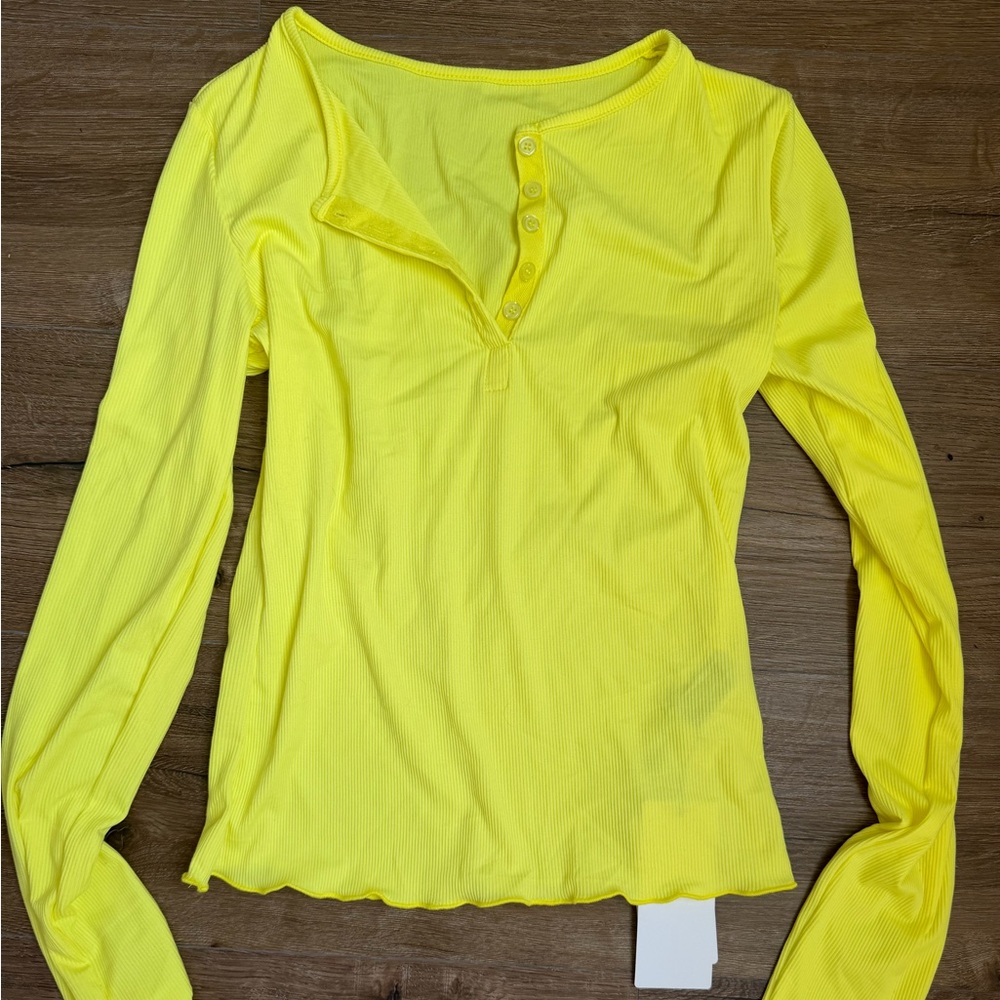 Neon Yellow Ribbed Long-Sleeve Henley Top